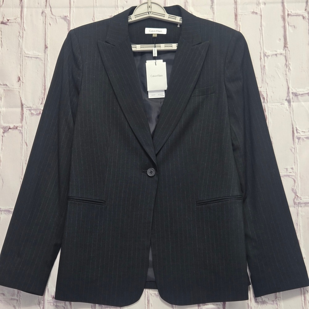 Calvin Klein Blazer Black Pinstripe Modern Dress Career Business Women Sz 10 NWT